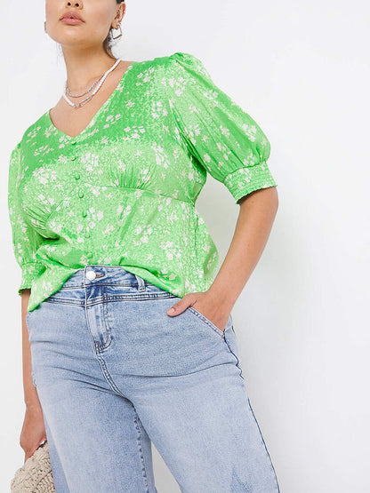 Simply Be Green Satin Jacquard Cut Out Back Blouse in Sizes 20, 26, 28, 32