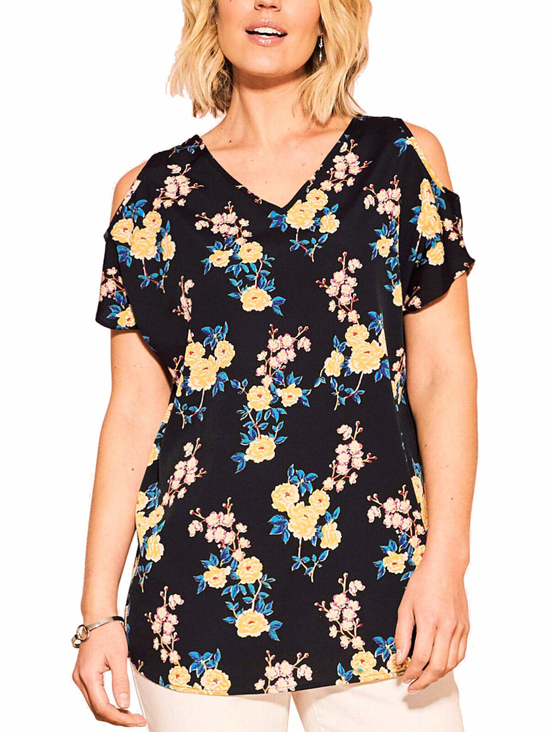 New Julipa Black Floral Print Cold Shoulder Blouse Top in Sizes 12 or 14