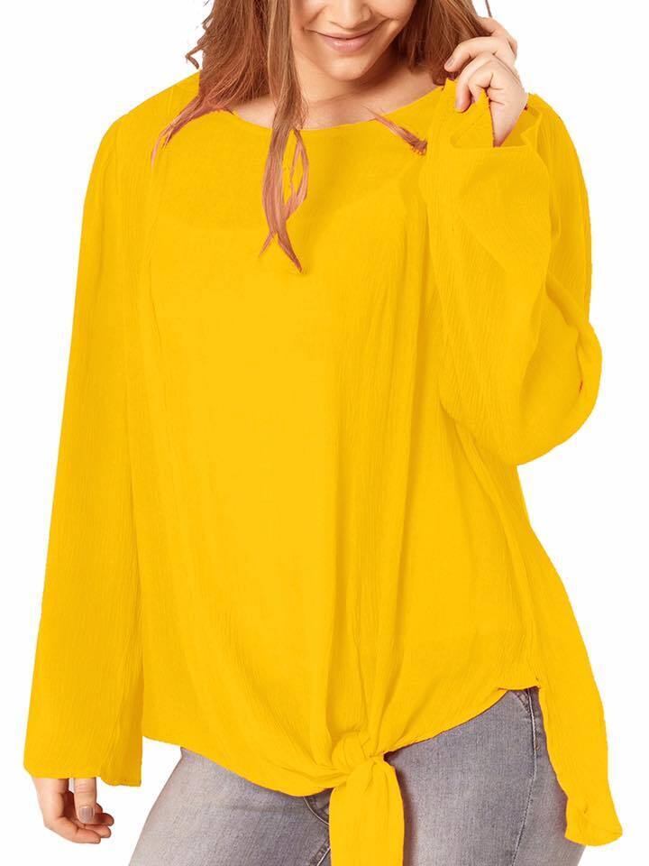 Sheego Yellow Crinkle Tie Hem Top in Size 24