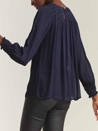 EX Fat Face Midnight Embellished Blouson Sleeve Top Sizes 8, 12, 18, 20 SHEER