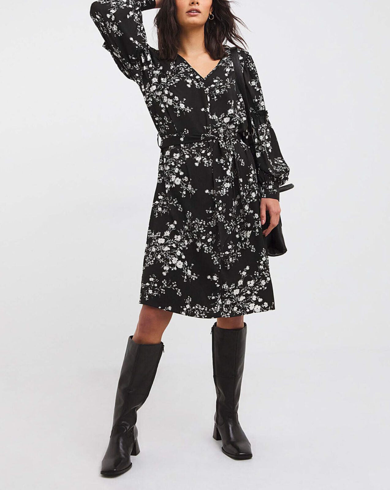 JD Williams Black Mono Print Balloon Frill Sleeve Swing Dress in Sizes 14-32