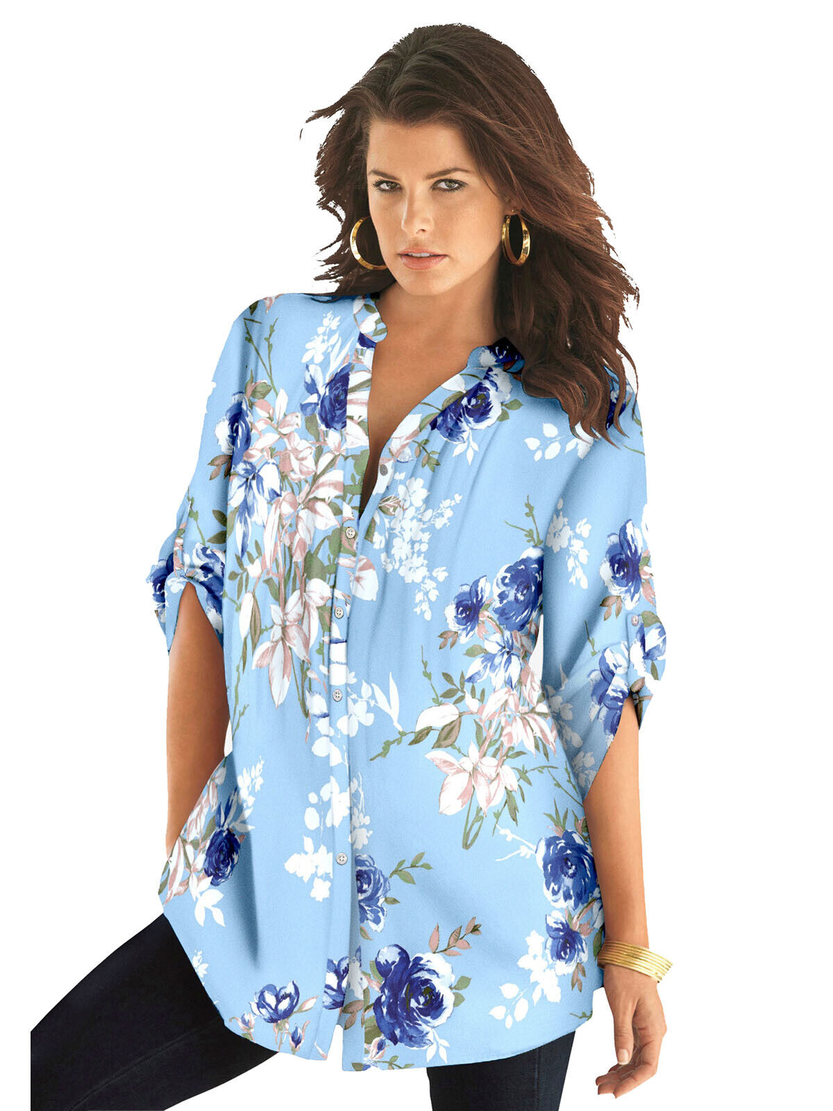 Roamans Blue English Floral Pintuck Tunic in UK Sizes 16, 18, 22, 24