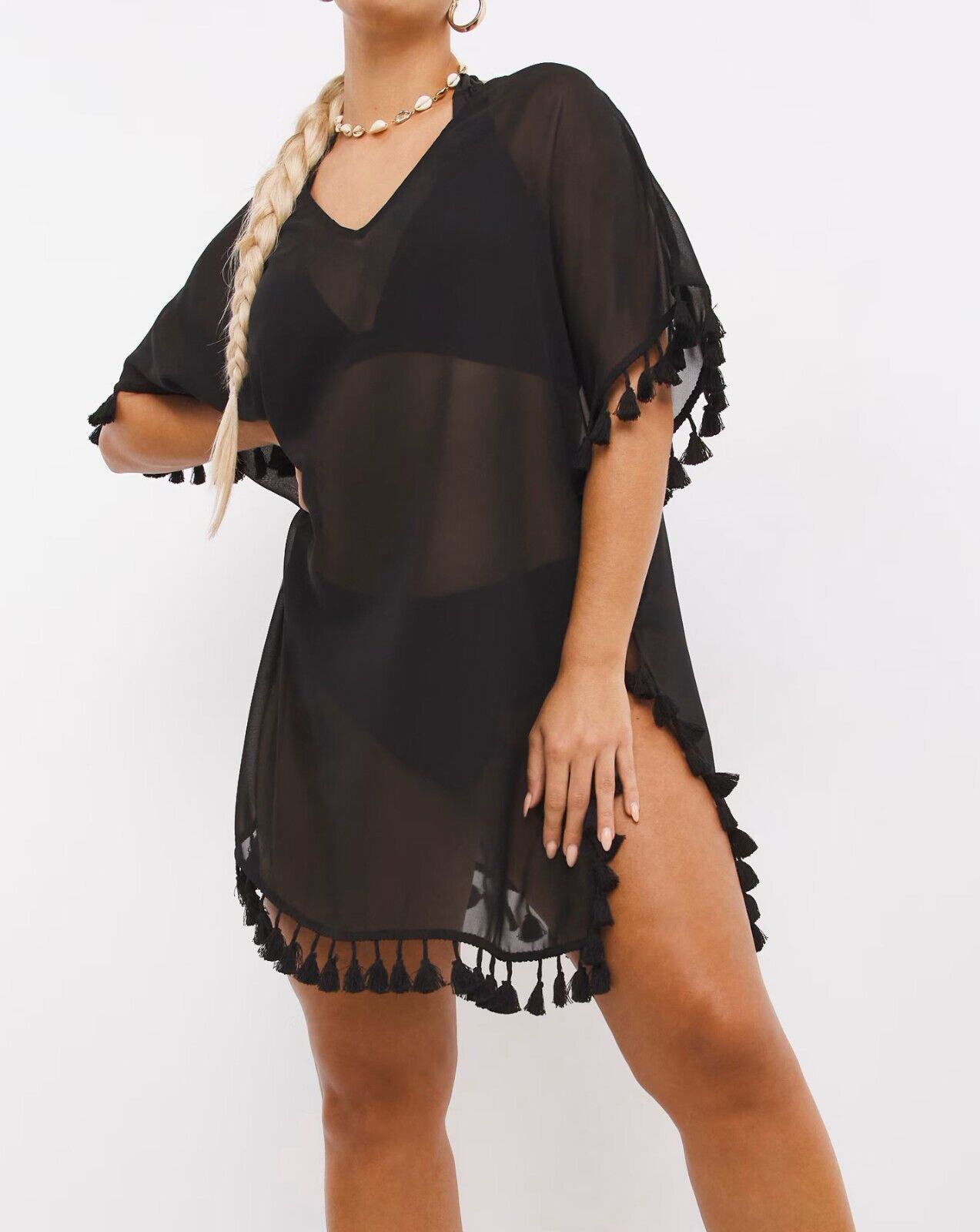 Simply Be Black Tassel Trim SHEER Kaftan in Sizes 12, 14, 16, 18, 24, 26