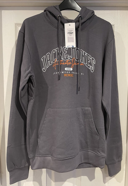 Jack &amp; Jones Mens Slate Grey Hooded Sweatshirt Hoodie Pullover Top Size M0
