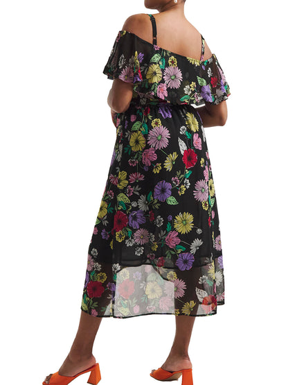 Simply Be Black Floral Bardot Georgette Midi Dress Sizes 18, 20, 22, 24, 26, 28