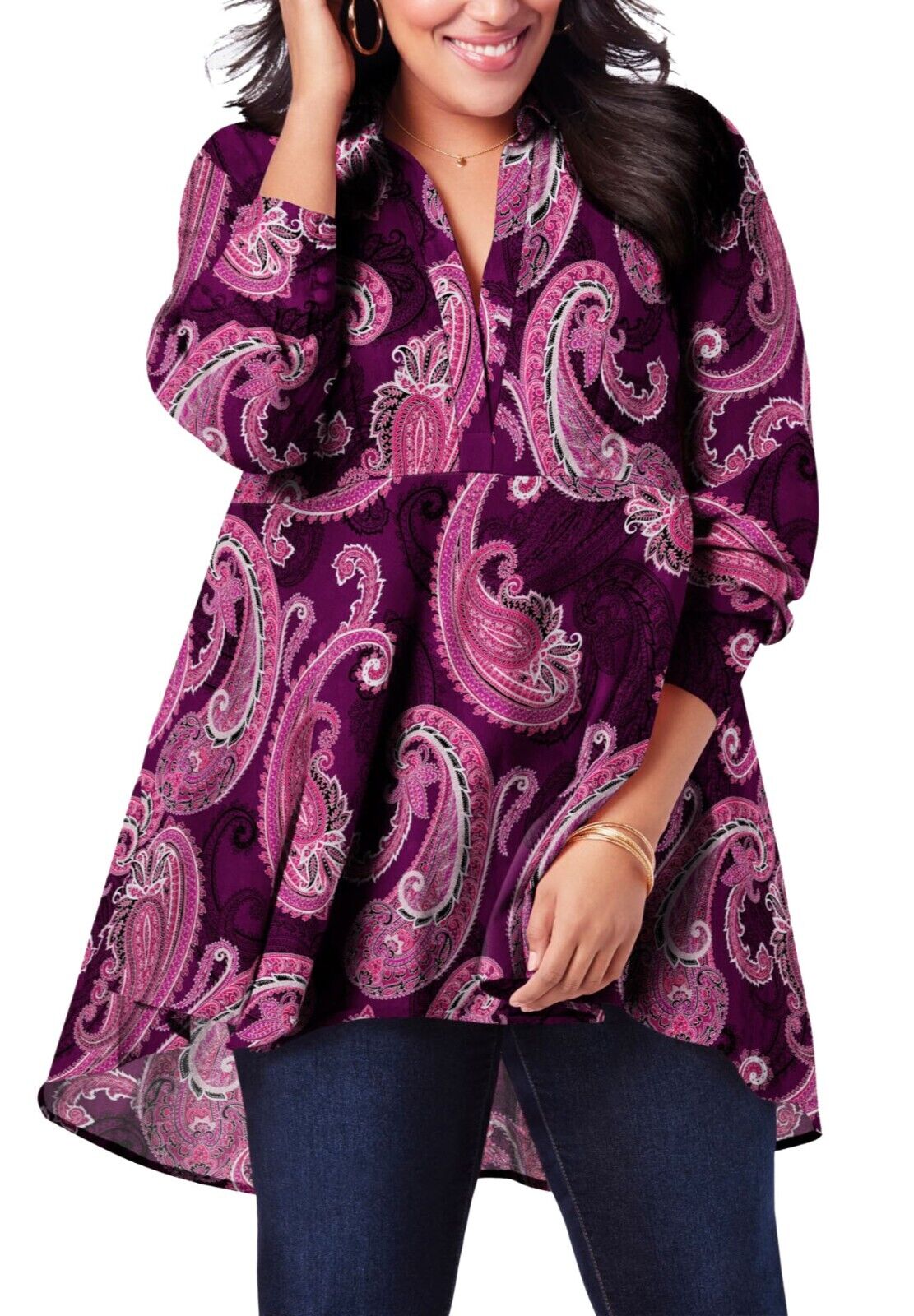 Roamans Purple Paisley Print Fit-And-Flare Crinkle Tunic Sizes 16 22 24 30 34 36