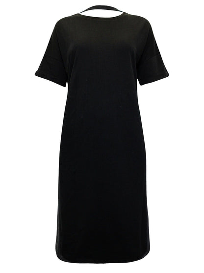 EX ASOS Black Floral Embroidered V-Back Midi T-Shirt Dress Sizes 12, 16, 18, 20