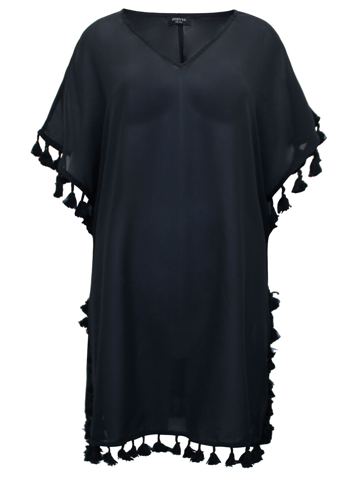 Simply Be Black Tassel Trim SHEER Kaftan in Sizes 12, 14, 16, 18, 24, 26