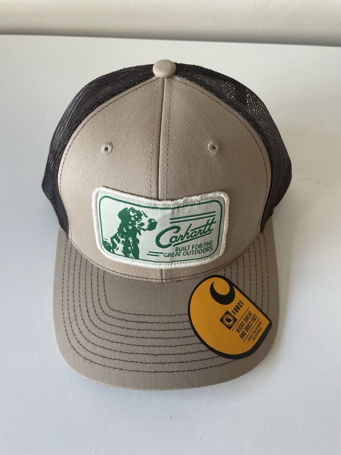 Carhartt Beige/Brown Force Cap Canvas Mesh Back Graphic Dog Logo Workwear Cap0