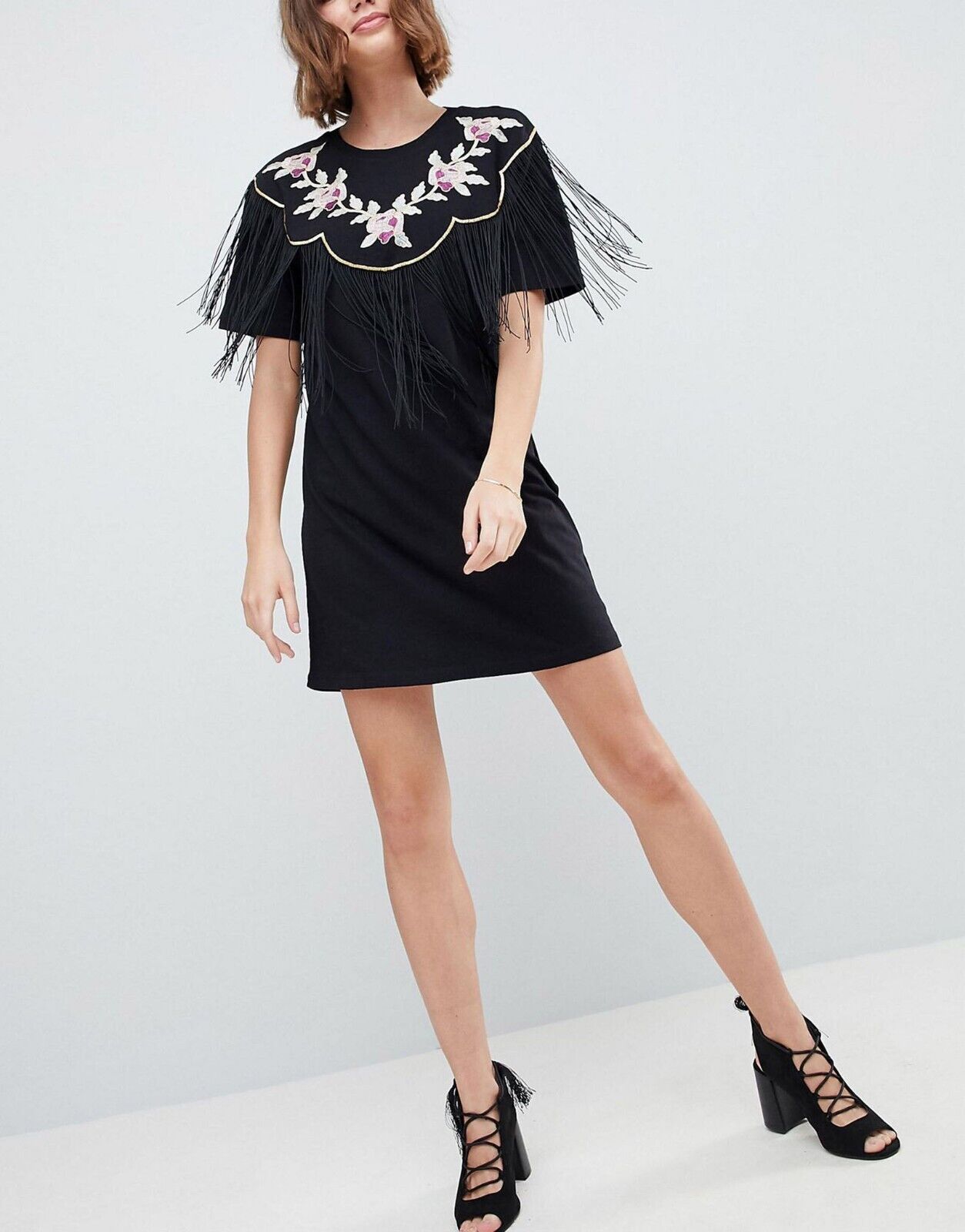 EX ASOS Black Pure Cotton Embroidered Fringe Detail T-Shirt Dress 12, 14, 16, 18