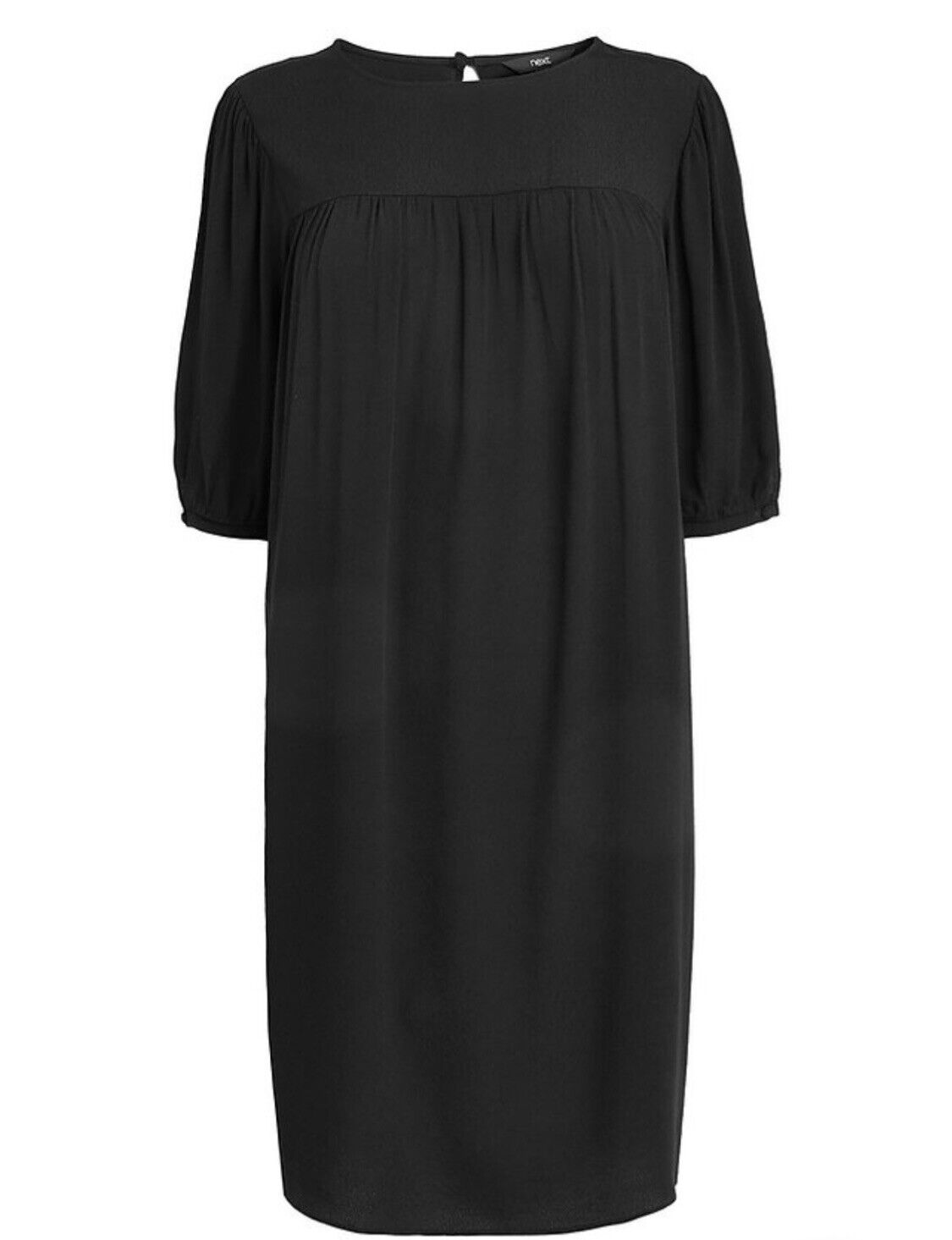 Black Puff Sleeve Gathered Yoke Crinkle Viscose Dress 12-18 Reg/Tall