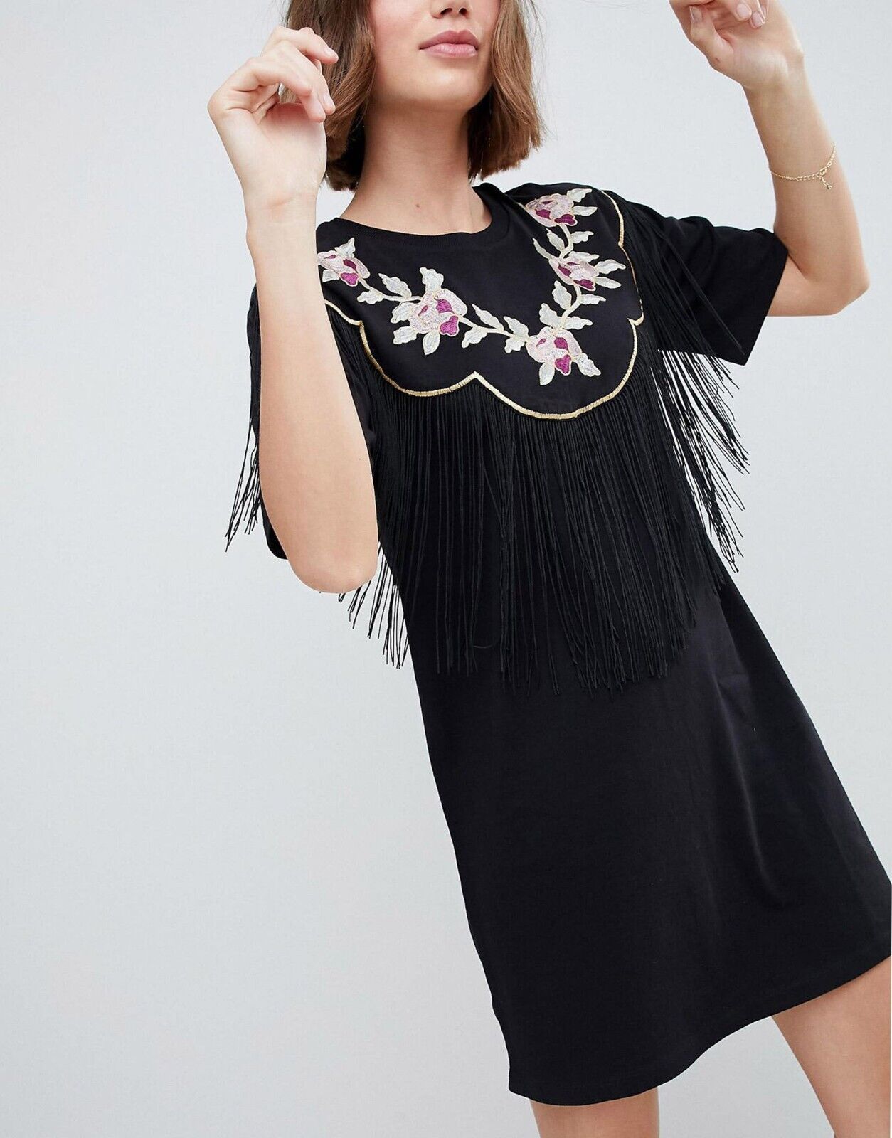 EX ASOS Black Pure Cotton Embroidered Fringe Detail T-Shirt Dress 12, 14, 16, 18