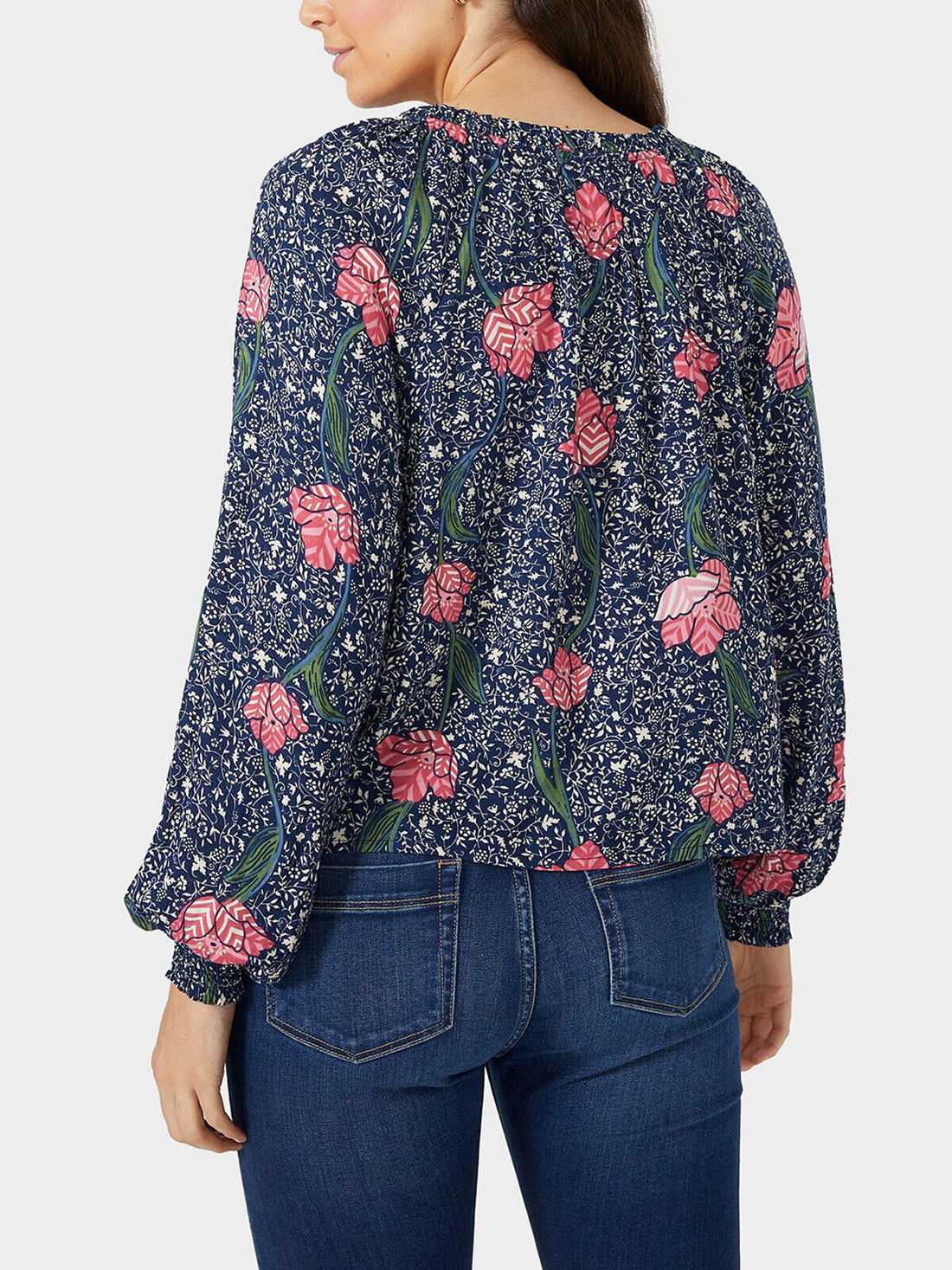 Mantaray Navy Floral Print Button Through Shirred Cuff Top 10, 16, 18 RRP £42