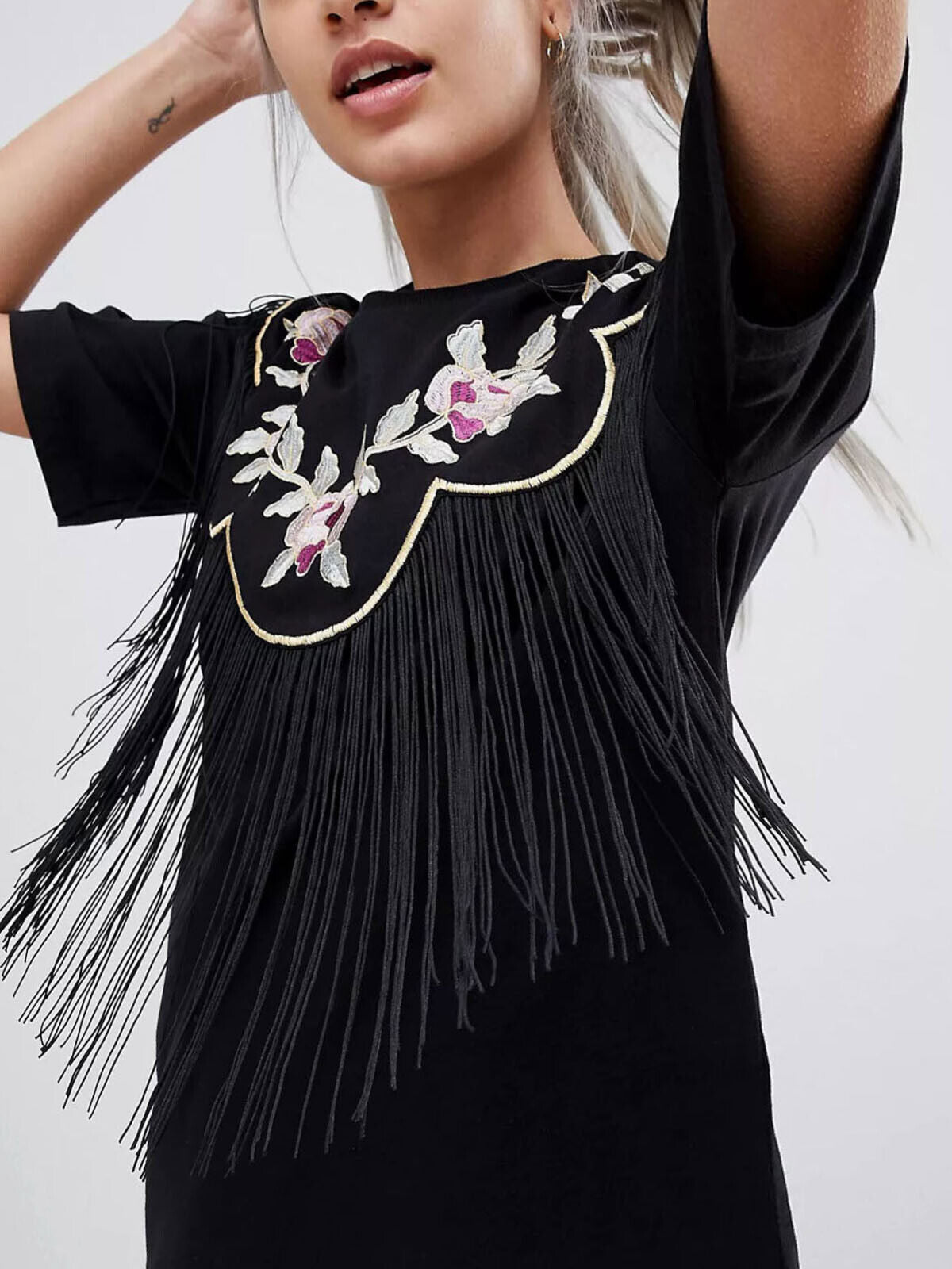 EX ASOS Black Pure Cotton Embroidered Fringe Detail T-Shirt Dress 12, 14, 16, 18