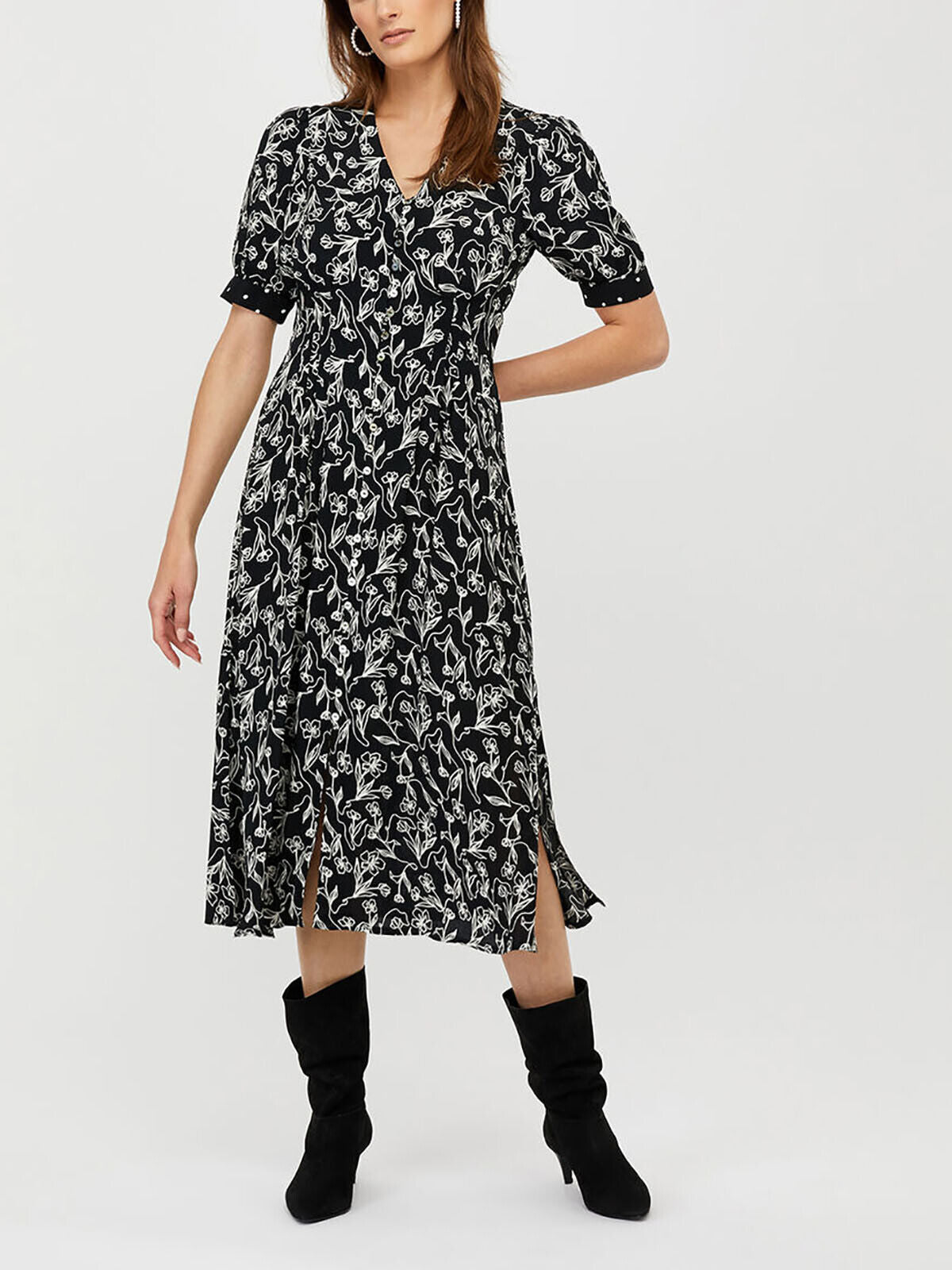 Ex Monsoon Black Jean Print Midi Dress in Sizes 8, 14, 16 RRP £70