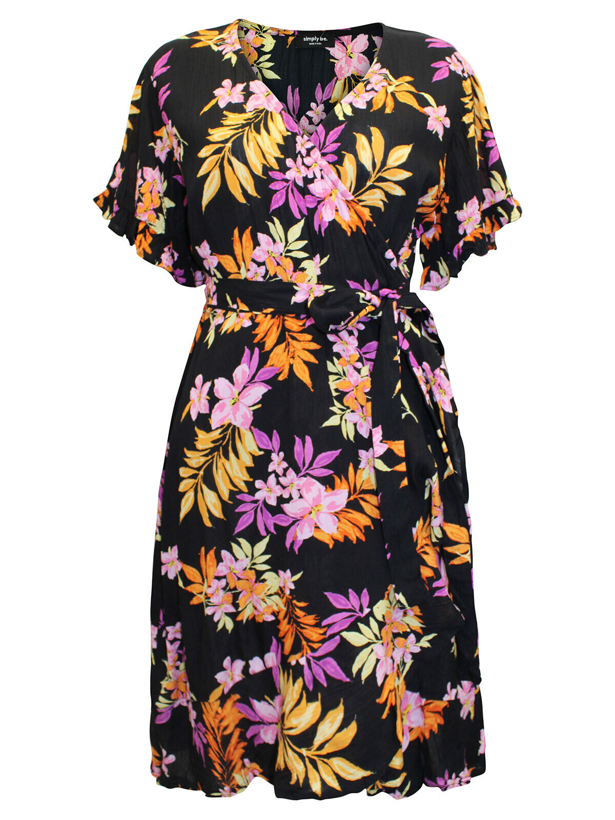 Simply Be Black Tropical Print Crinkle Wrap Skater Dress Size 20, 22, 24, 26, 30