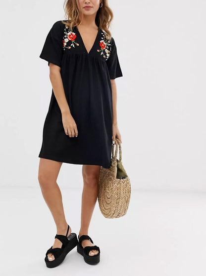 EX ASOS Black Pure Cotton Floral Embroidered Smock Dress Sizes 8, 12, 18, 20, 26