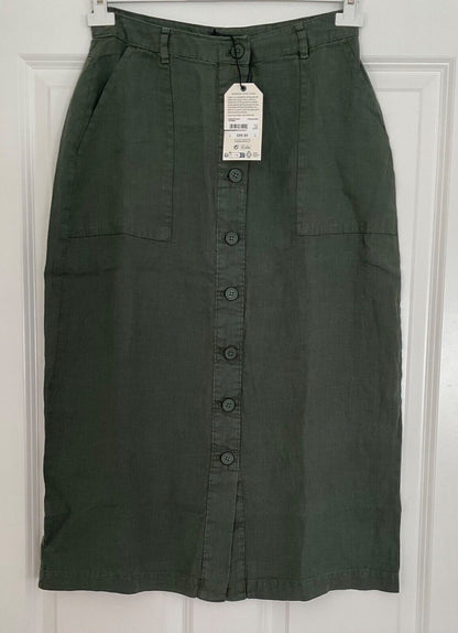 EX Seasalt Green Dark Balsam Rosewell Farm Linen Midi Skirt Sizes 8-20 RRP £65