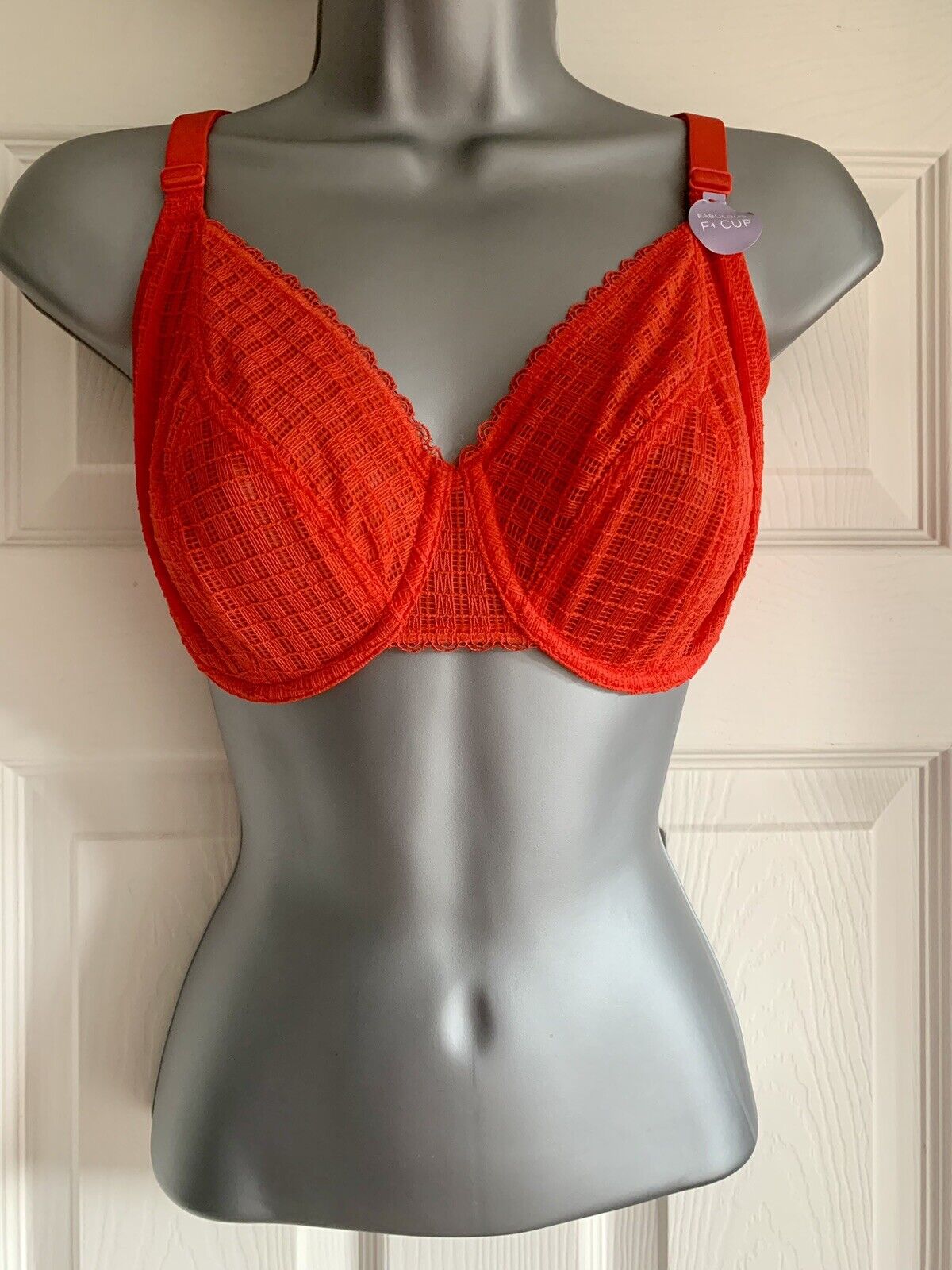 EX M*S Red Flame Balcony Bra Underwired | Geometric Lace Sheer Mesh 32F or 36GG