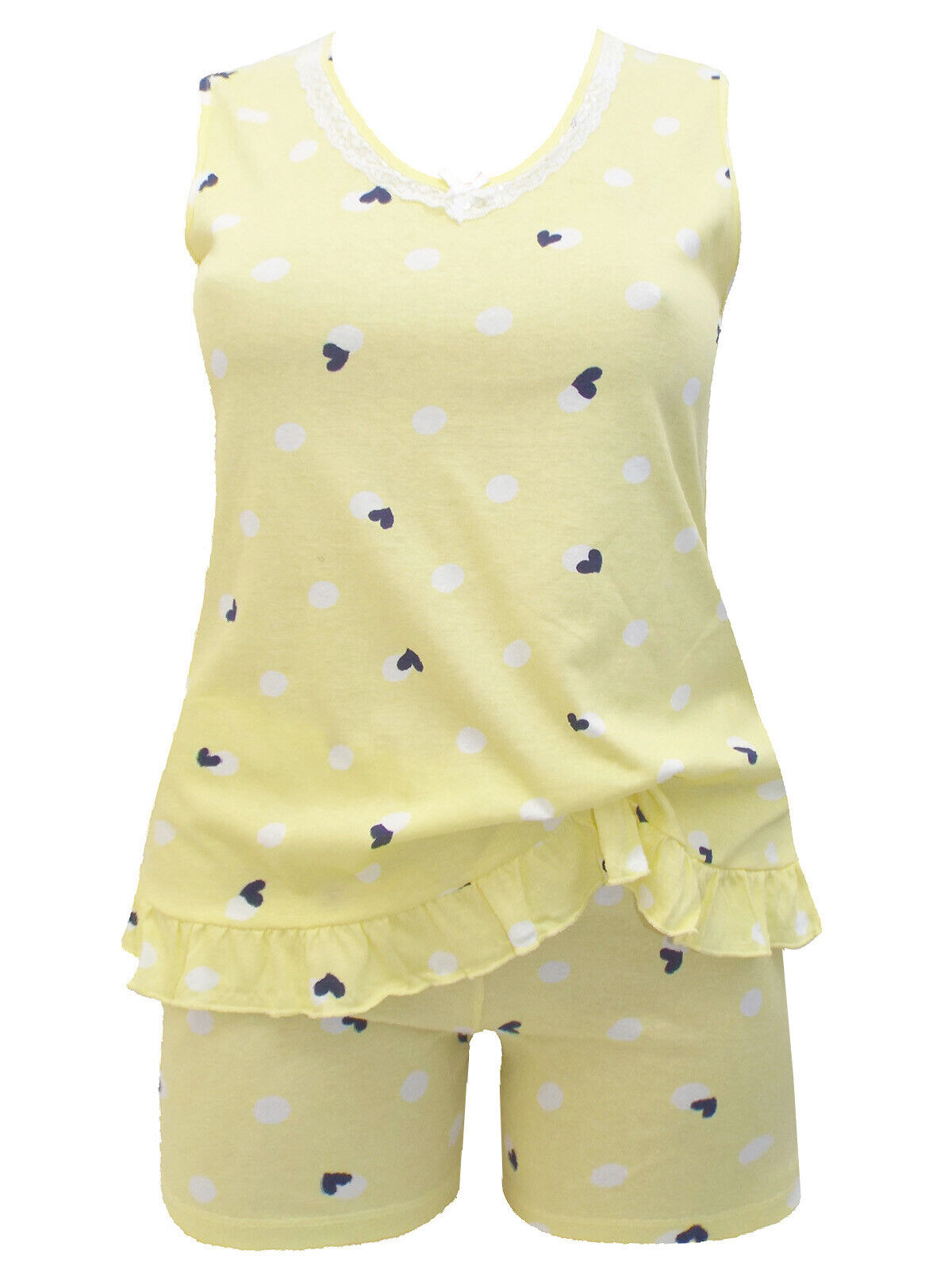 Italian Bisbigli Yellow Pure Cotton Heart Print Shorts Pyjama Set UK 10 14 16 20