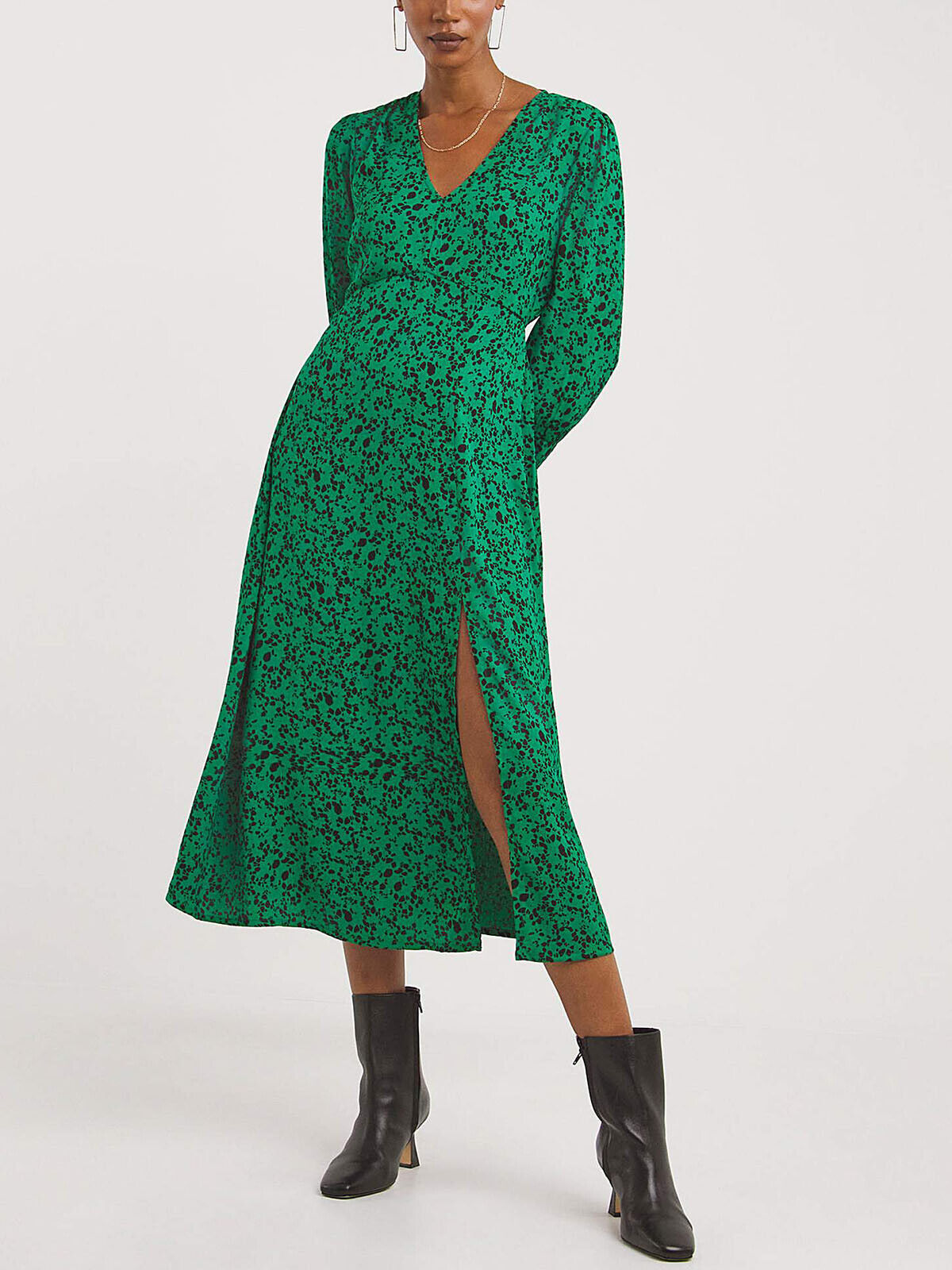 JD Williams Green Printed V-Neck Deep Cuff Split Midi Dress 18 20 24 26 28 30 32