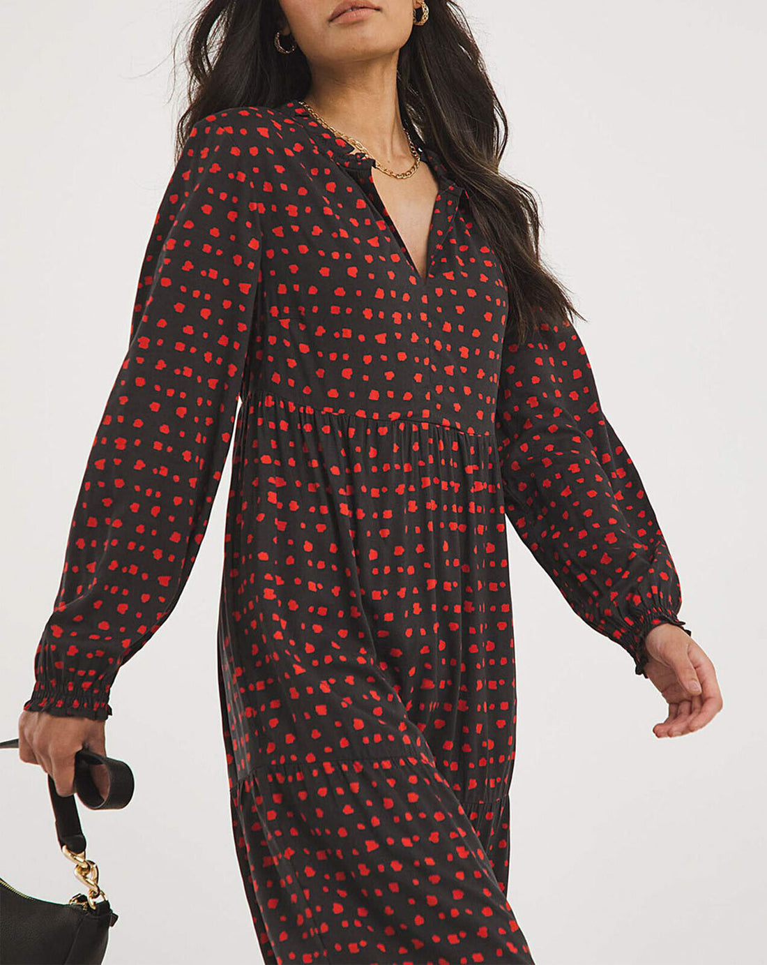 JD Williams Black Spot Print Balloon Sleeve Midi Smock Dress 16 20 22 24 26 28