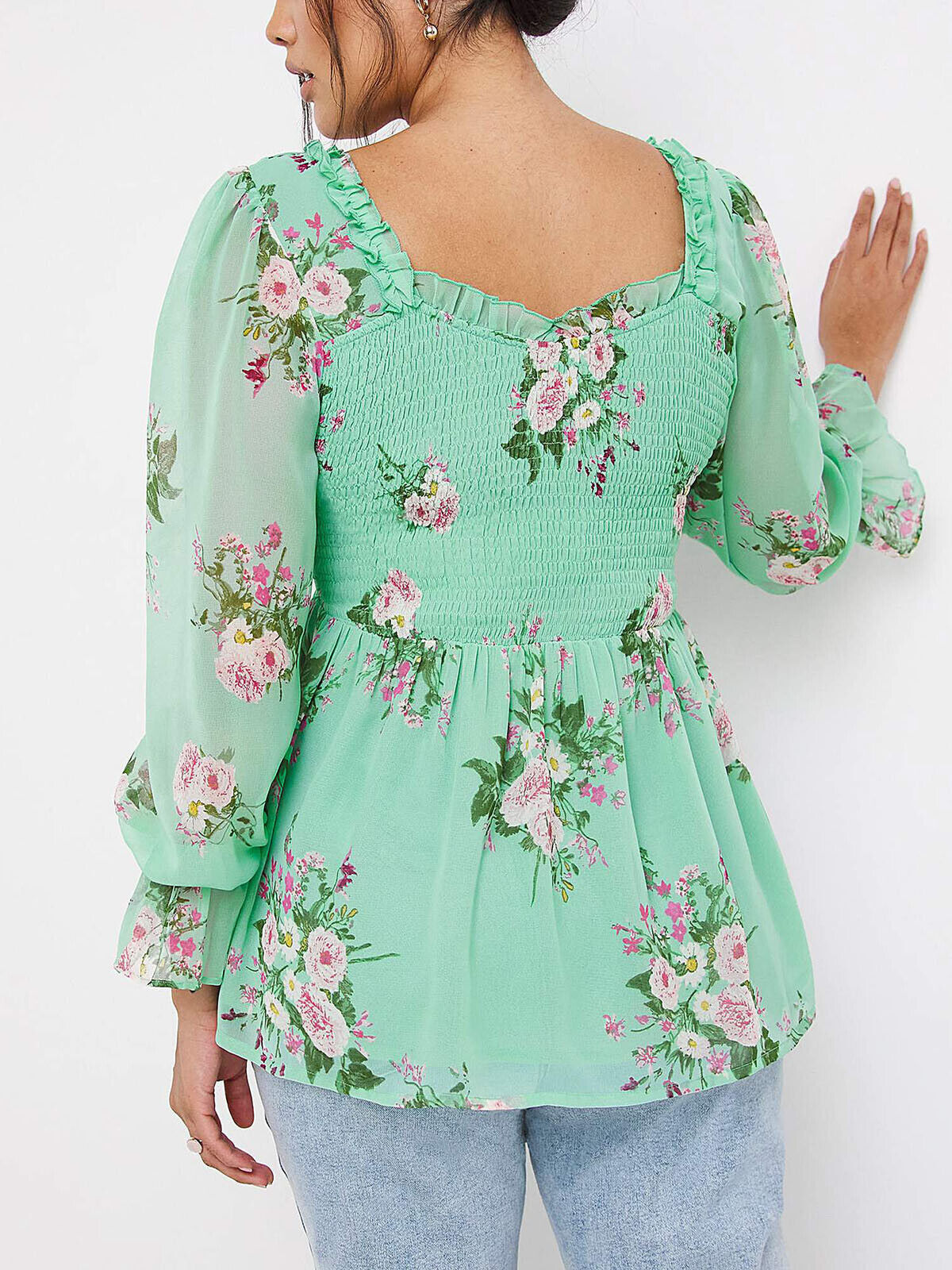 Simply Be Green Floral Shirred Frill Square Neck Top 18, 20, 22, 24, 28 RRP £32