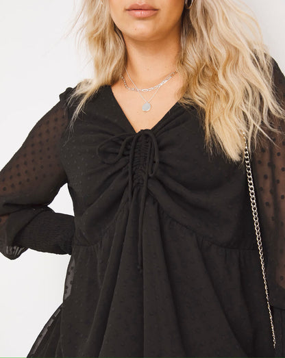 Simply Be Black Ruched Front Dobby Blouse with Shirred Cuffs Sizes 16-32 RRP £30