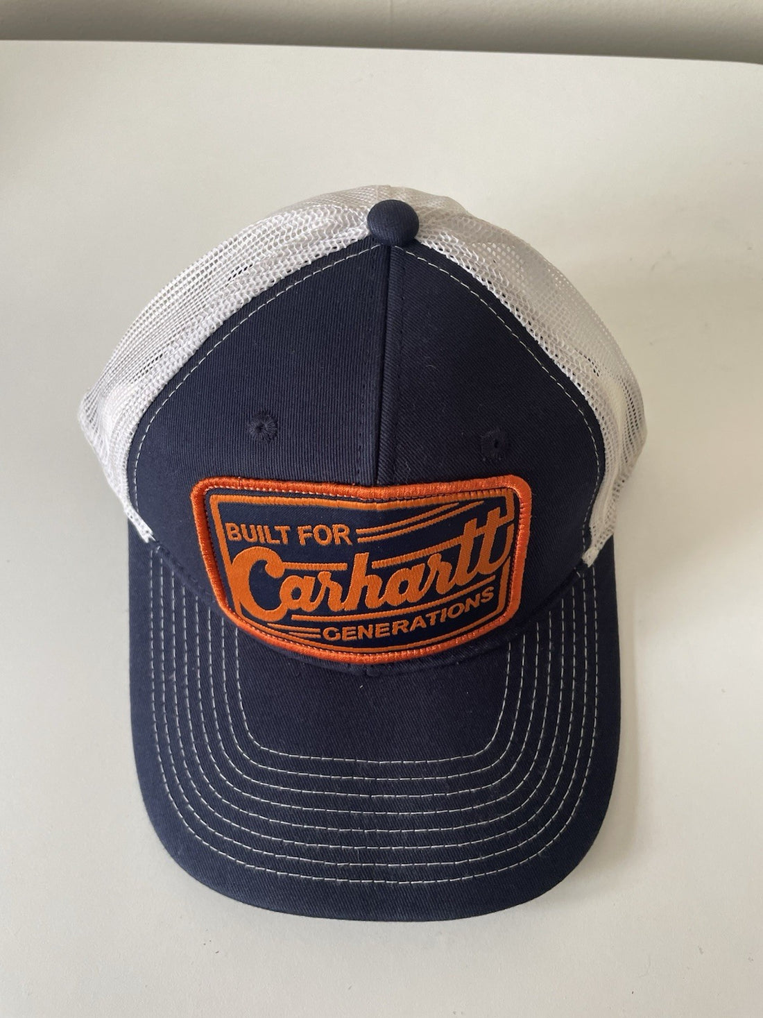 Carhartt Navy/White/Orange Canvas Mesh Back Outlast Patch Snapback Cap0