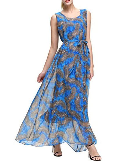 New Wantdo Cobalt Feather Print Sleeveless Maxi Dress with Belt Sizes 16-24