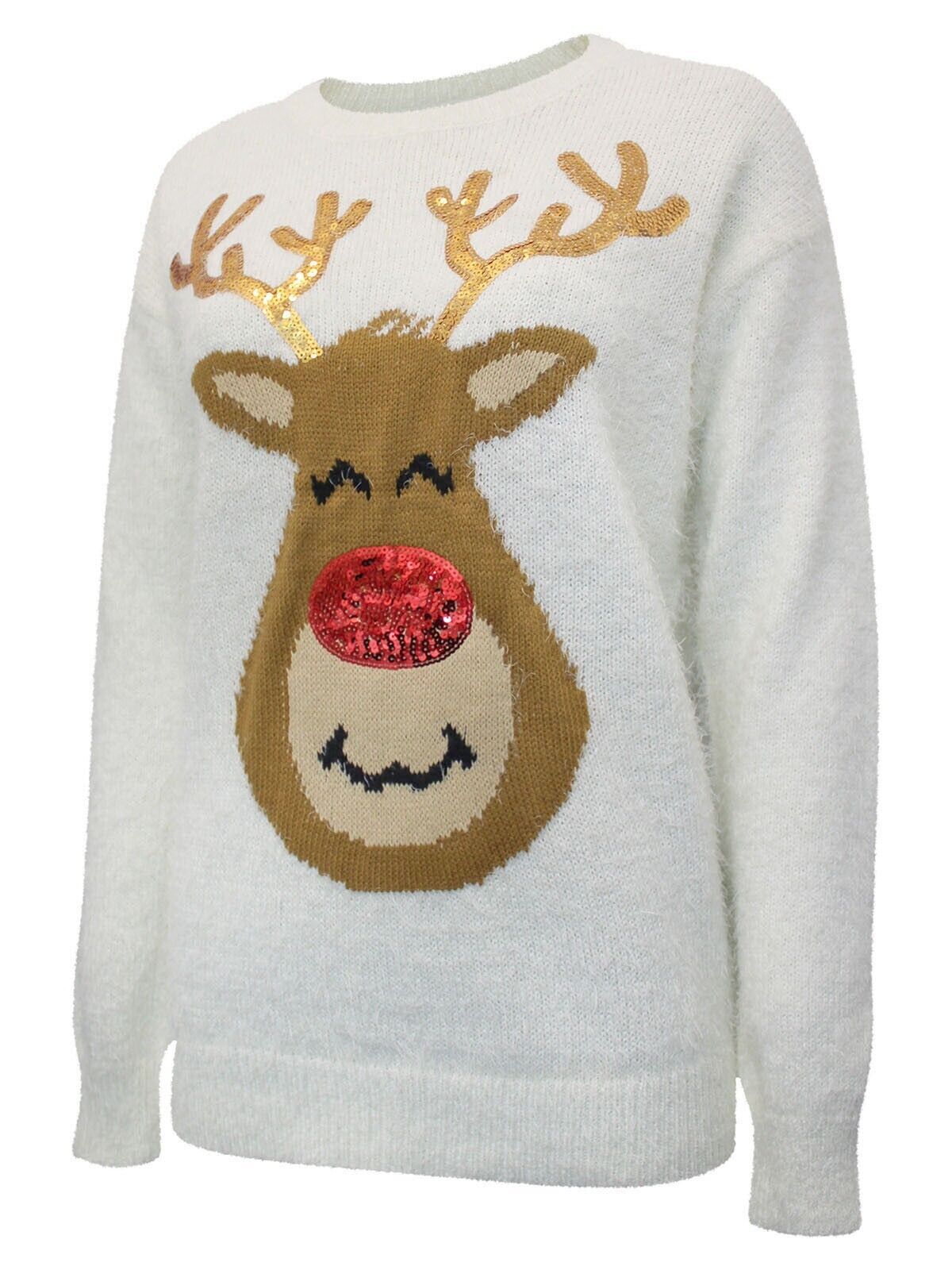 Ladies Cream Sequin Reindeer Fluffy Knit Christmas Jumper 10, 12, 14, 16, 18