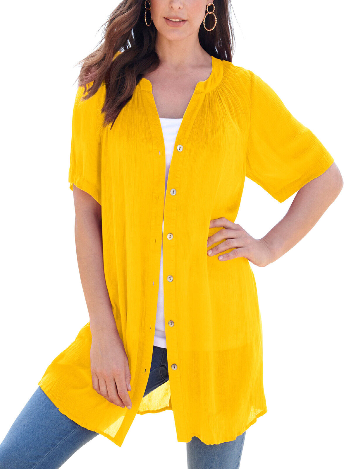 Roamans Yellow Short Sleeve Angelina Tunic Long Button Front Shirt UK 20-30