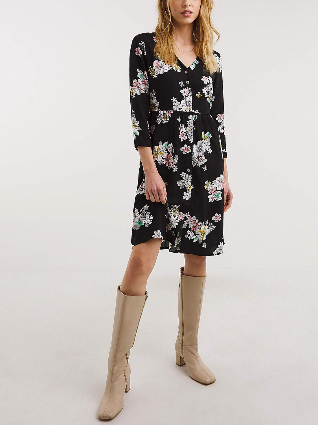 JD Williams Black Floral Relaxed Button Through Smock Dress 12 14 18 22 26 28