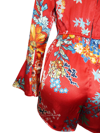 EX Boohoo Red Oriental Floral Print Satin Playsuit in Sizes 6 or 8