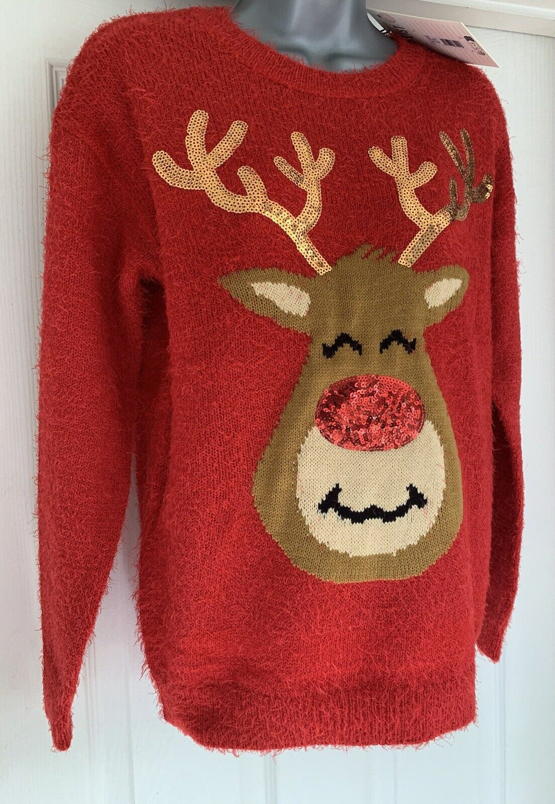 Ladies Tokyo-Red Sequin Reindeer Fluffy Knit Christmas Jumper 10, 12, 14, 16, 18