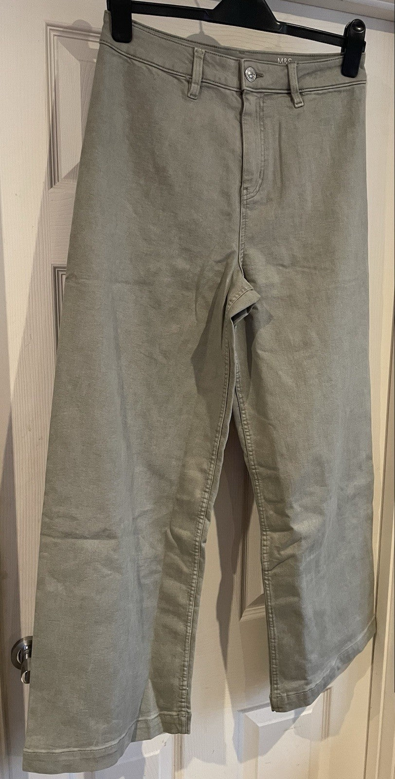 EX M*S Sage Green Wide Leg High Waisted Stretch Denim Cotton Rich Jeans 12 Reg1