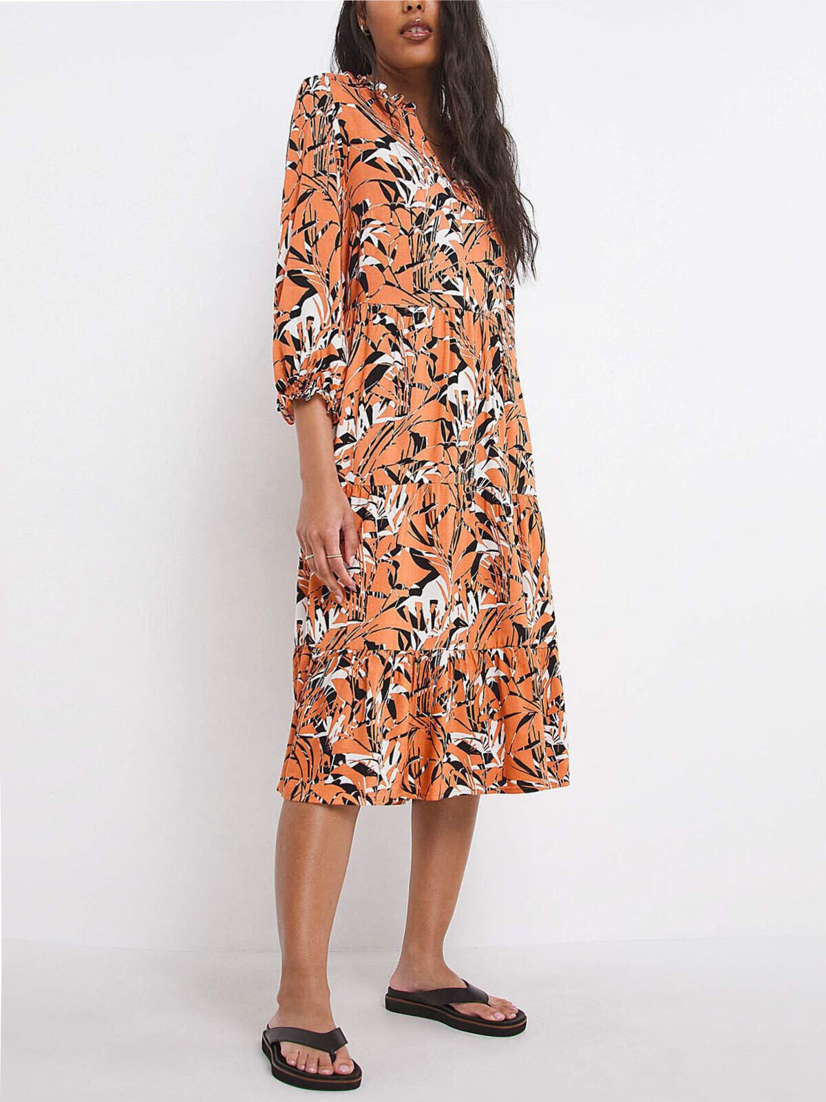 JD Williams Coral Printed V-Neck Balloon Sleeve Smock Dress 12 14 16 18 RRP £34