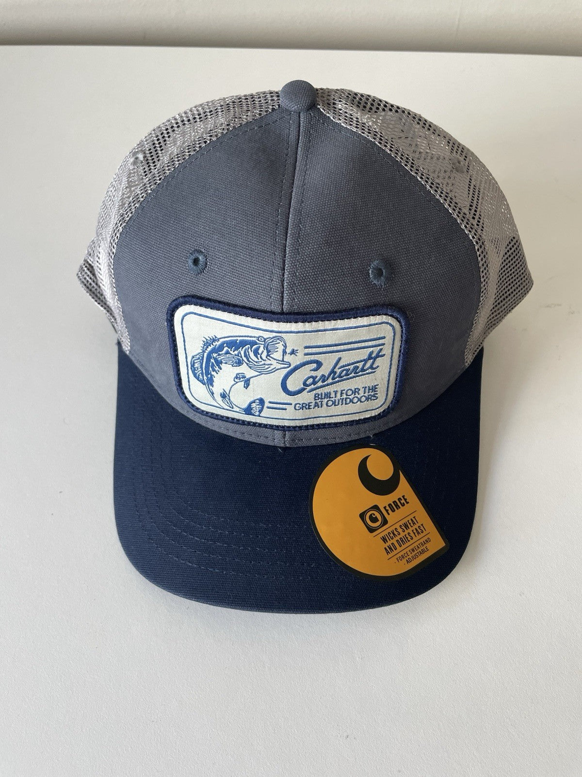 Carhartt Navy/Grey Force Canvas Mesh Back Graphic Fish Logo Workwear Cap0
