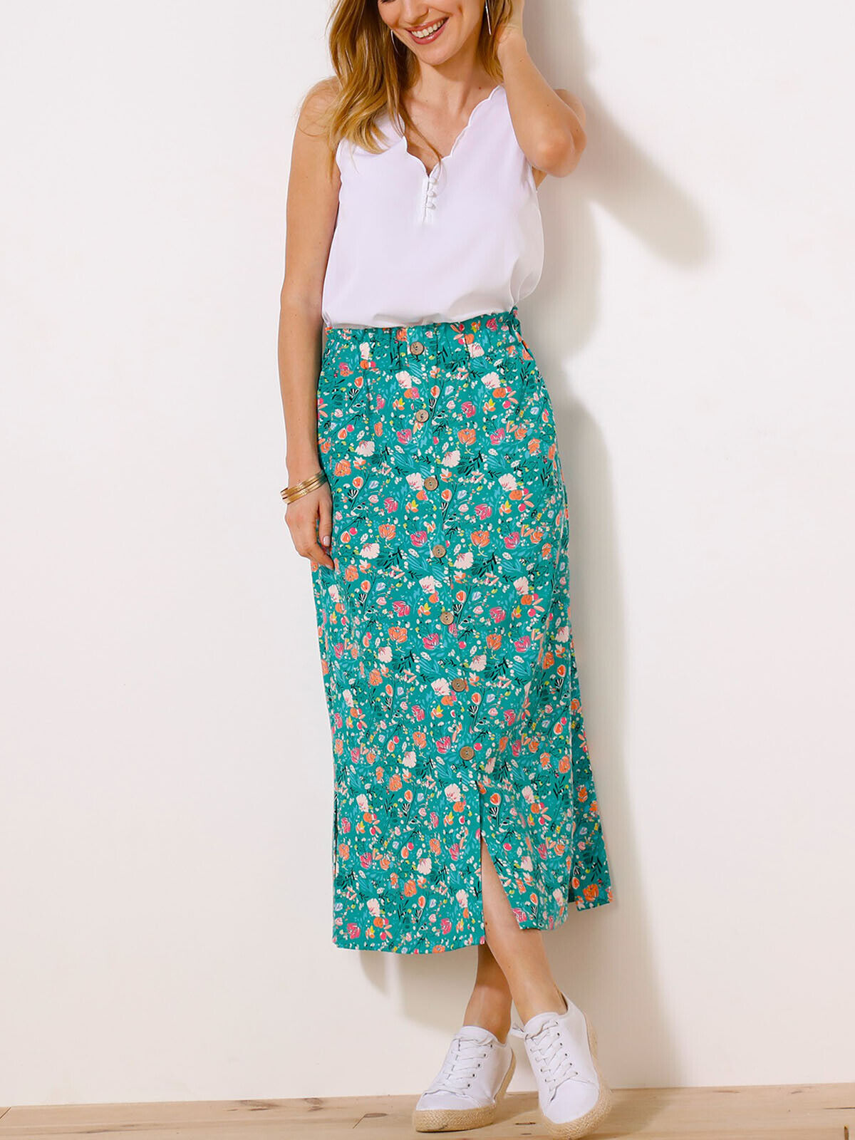 Blancheporte Green Floral Print Button Front Maxi Skirt UK Sizes 20, 22, 24, 26