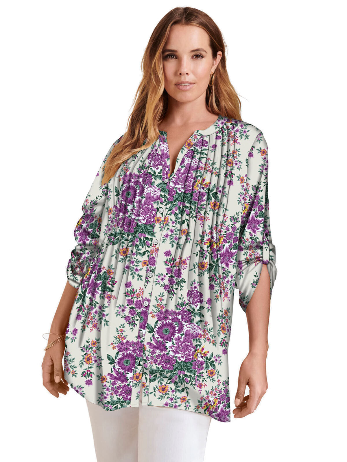 Roamans Cream English Floral Pintuck Tunic in UK Sizes 20-38