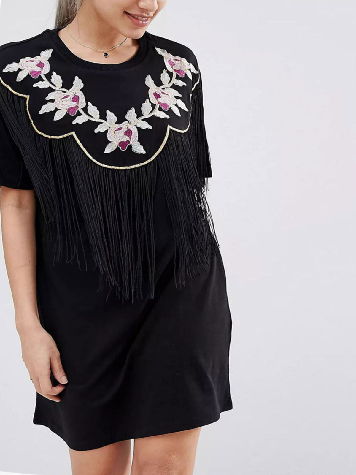 EX ASOS Black Pure Cotton Embroidered Fringe Detail T-Shirt Dress 12, 14, 16, 18