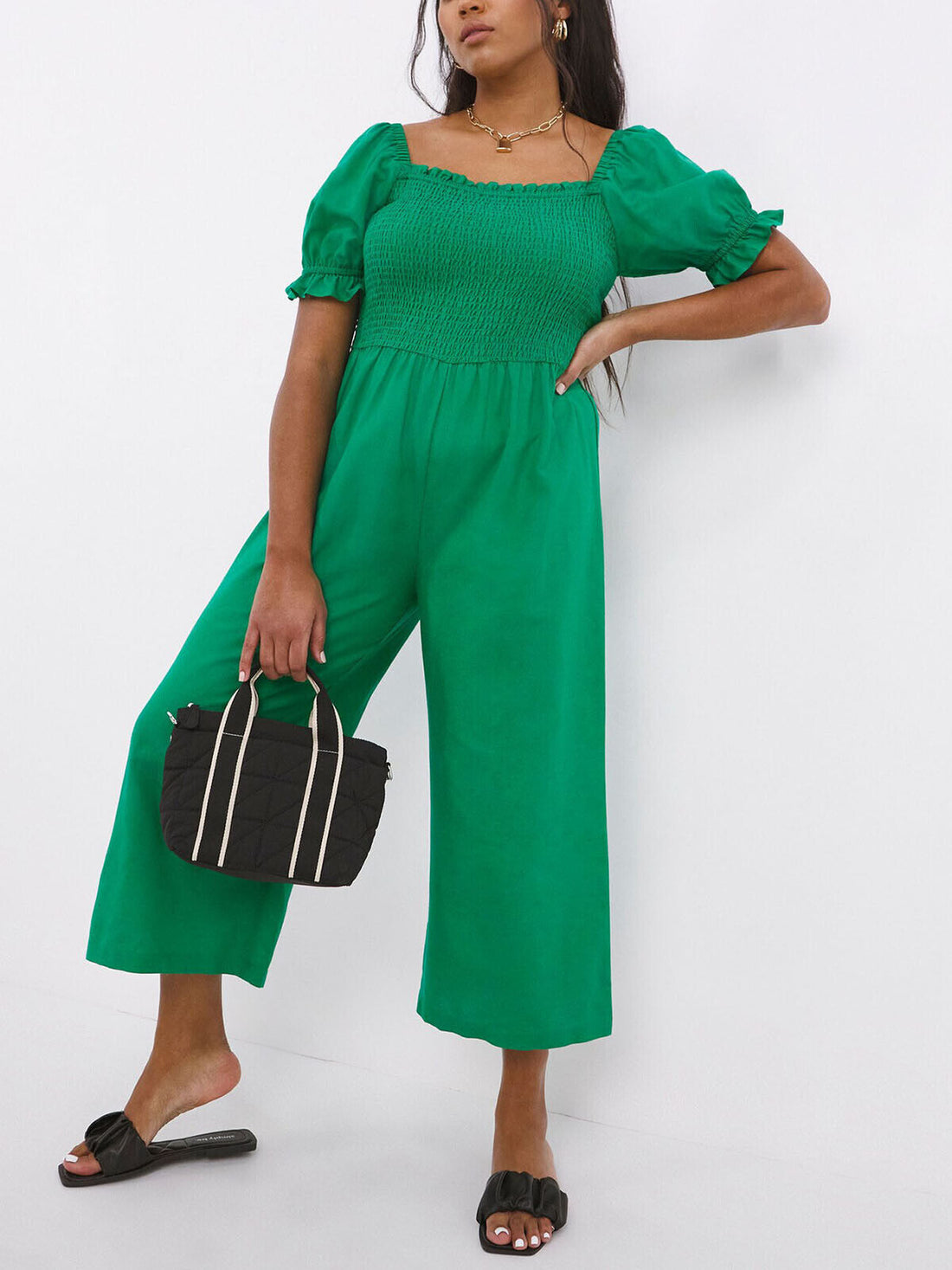 Simply Be Emerald Linen Blend Shirred Culotte Jumpsuit 22, 24, 26, 30, 32 RRP£35