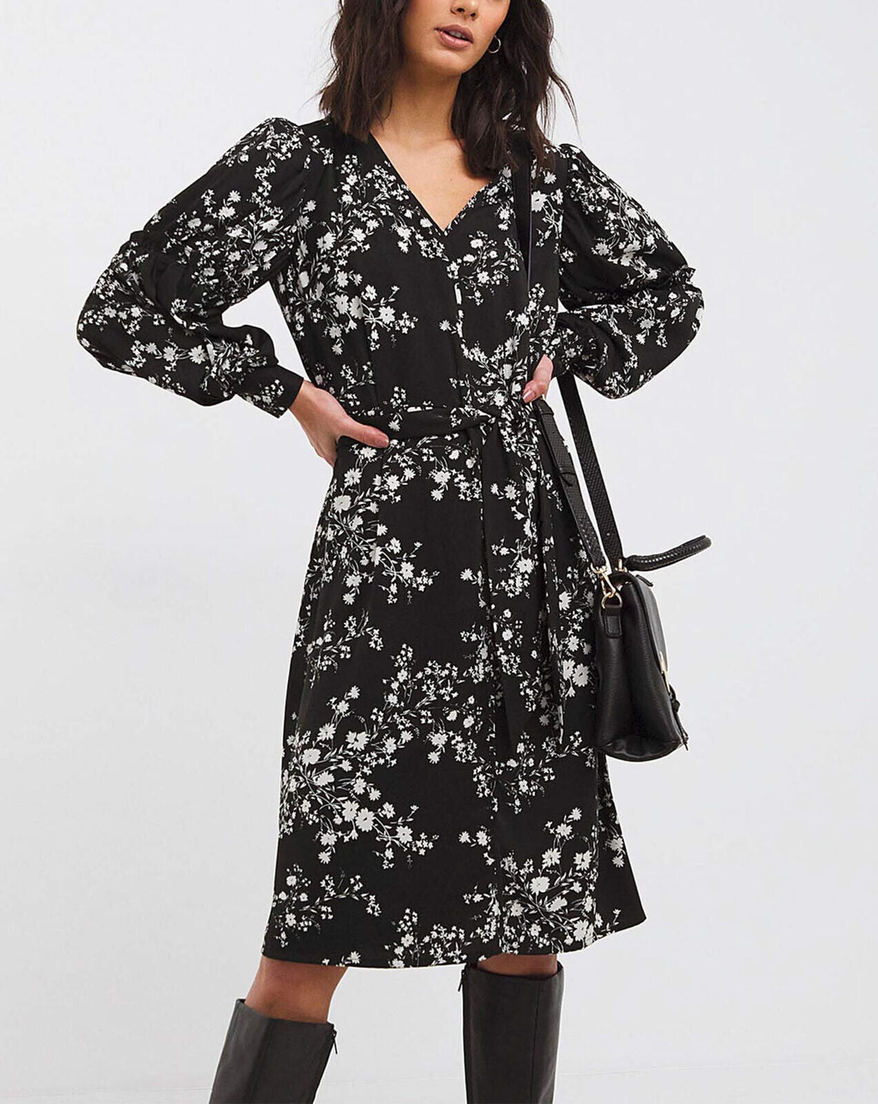 JD Williams Black Mono Print Balloon Frill Sleeve Swing Dress in Sizes 14-32