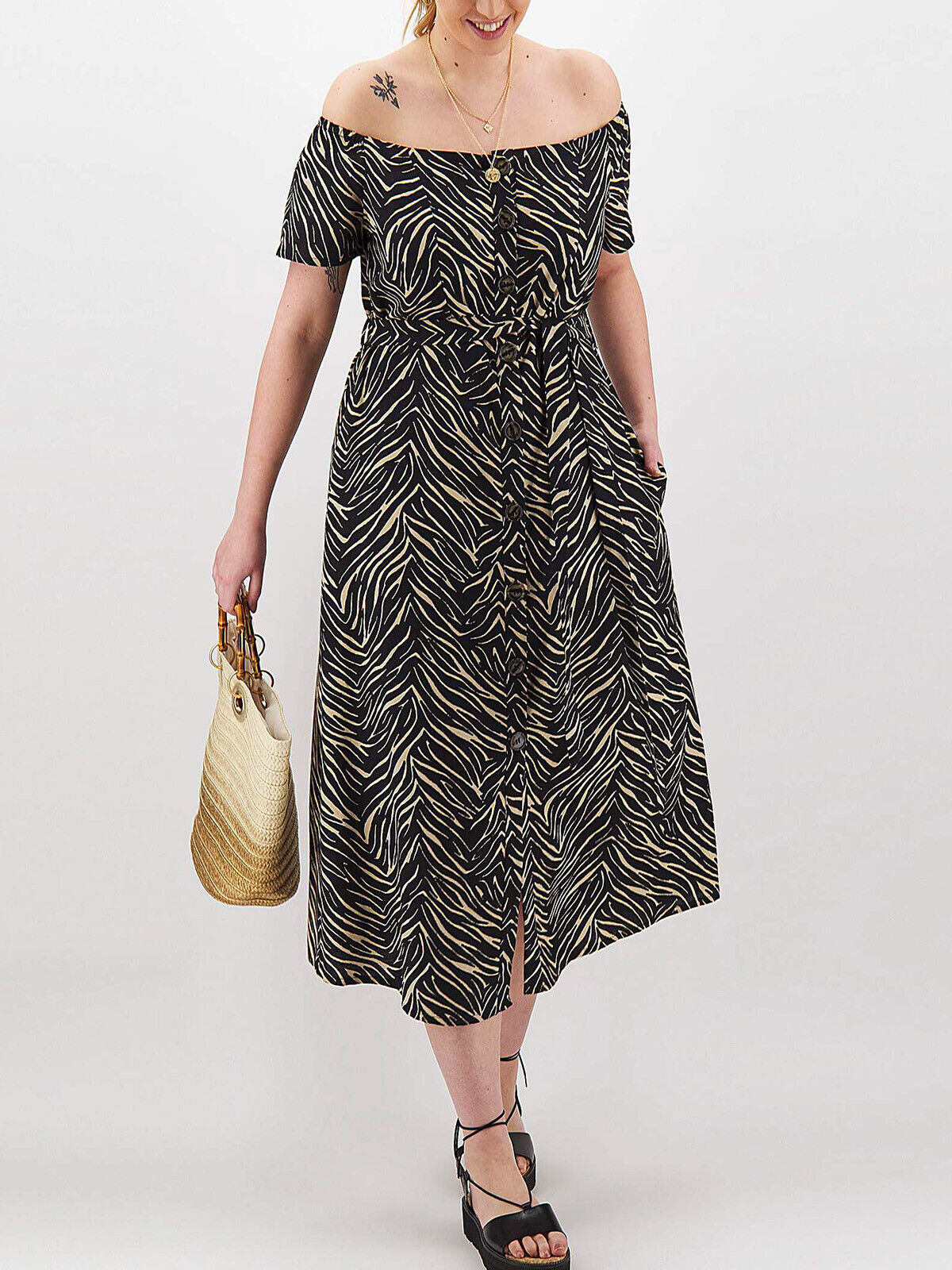 Capsule Black Tiger Print Cotton/Linen Bardot Dress 12 16 18 20 22 24 NO BELT