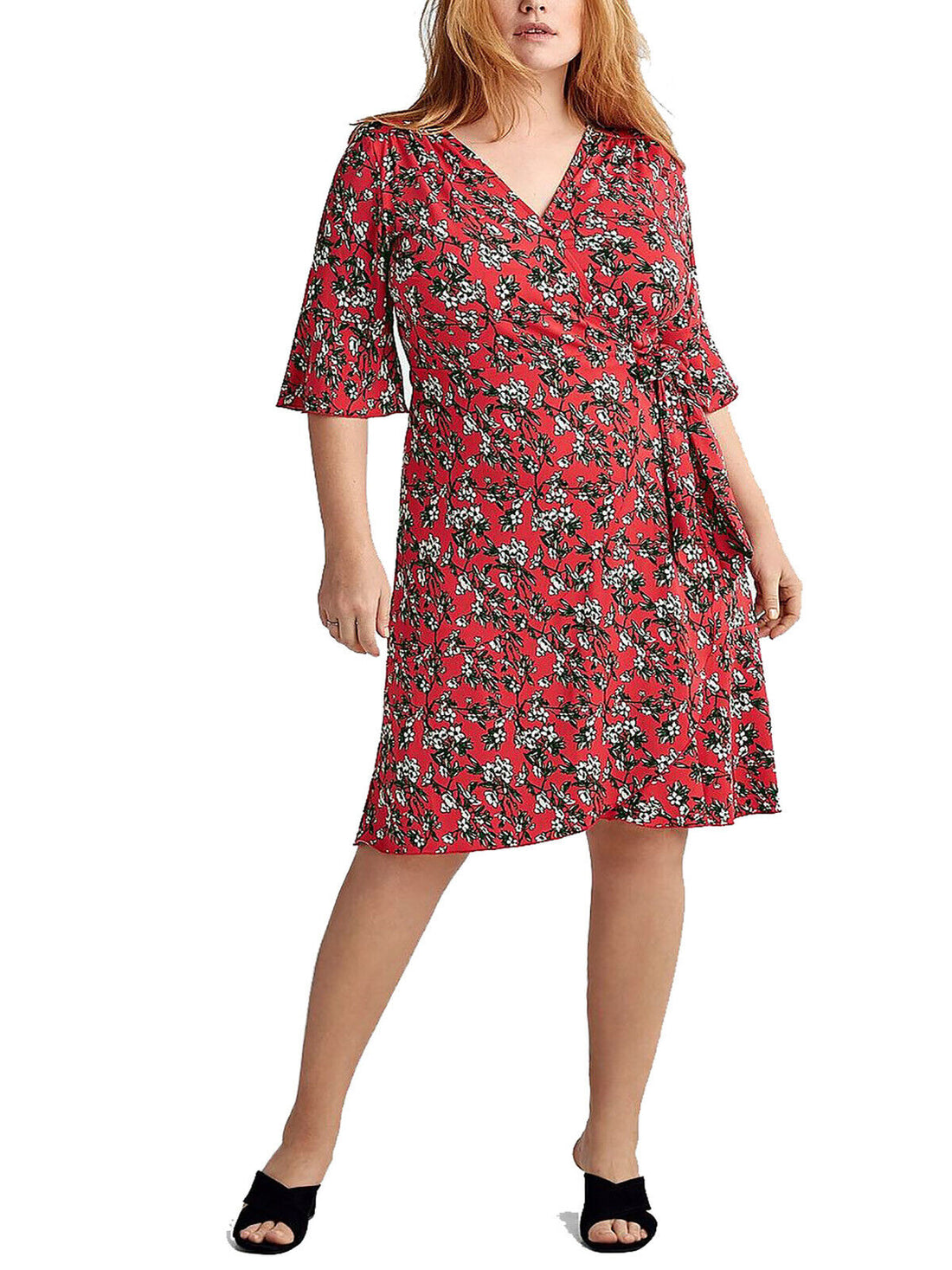 Ellos Red Floral Print Wrap Front Midi Dress in UK Size 26