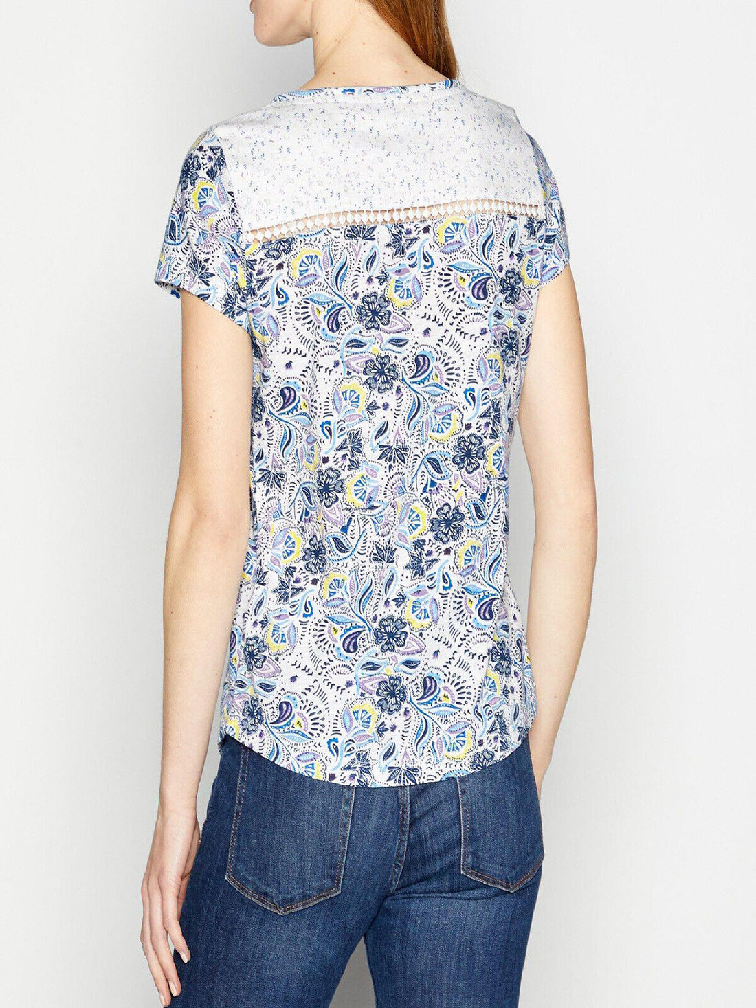 Mantaray White Ethnic Floral Print V-Neck T-Shirt in Sizes 10, 12, 14, 16