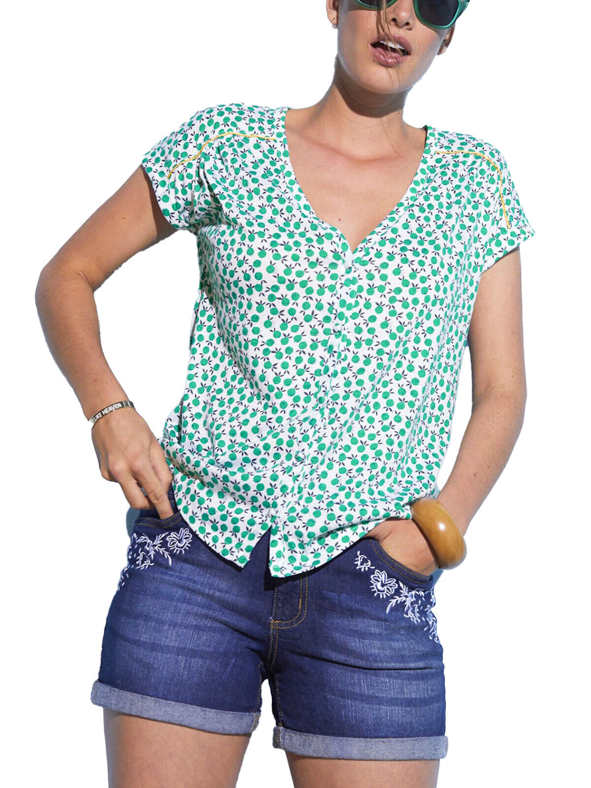 Blancheporte Green Apple Print Button Front Top in Sizes 18/20, 22, 26