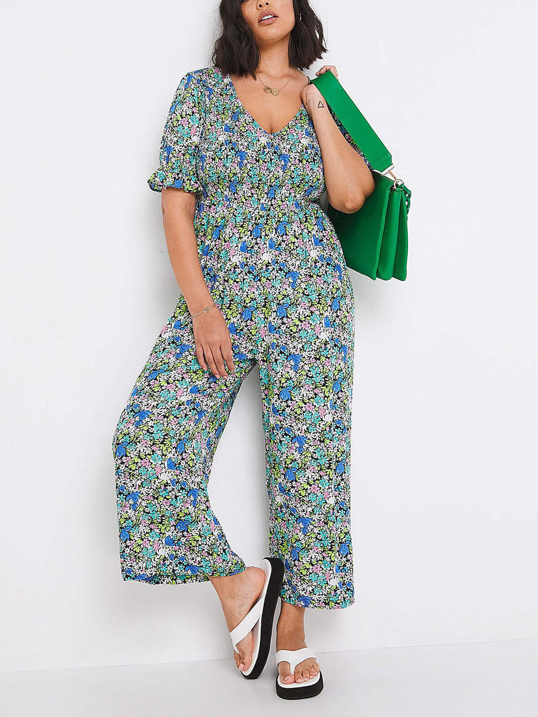 Simply Be Blue Floral Print Crinkle Short Sleeve Jumpsuit 18 22 24 26 32 RRP £39