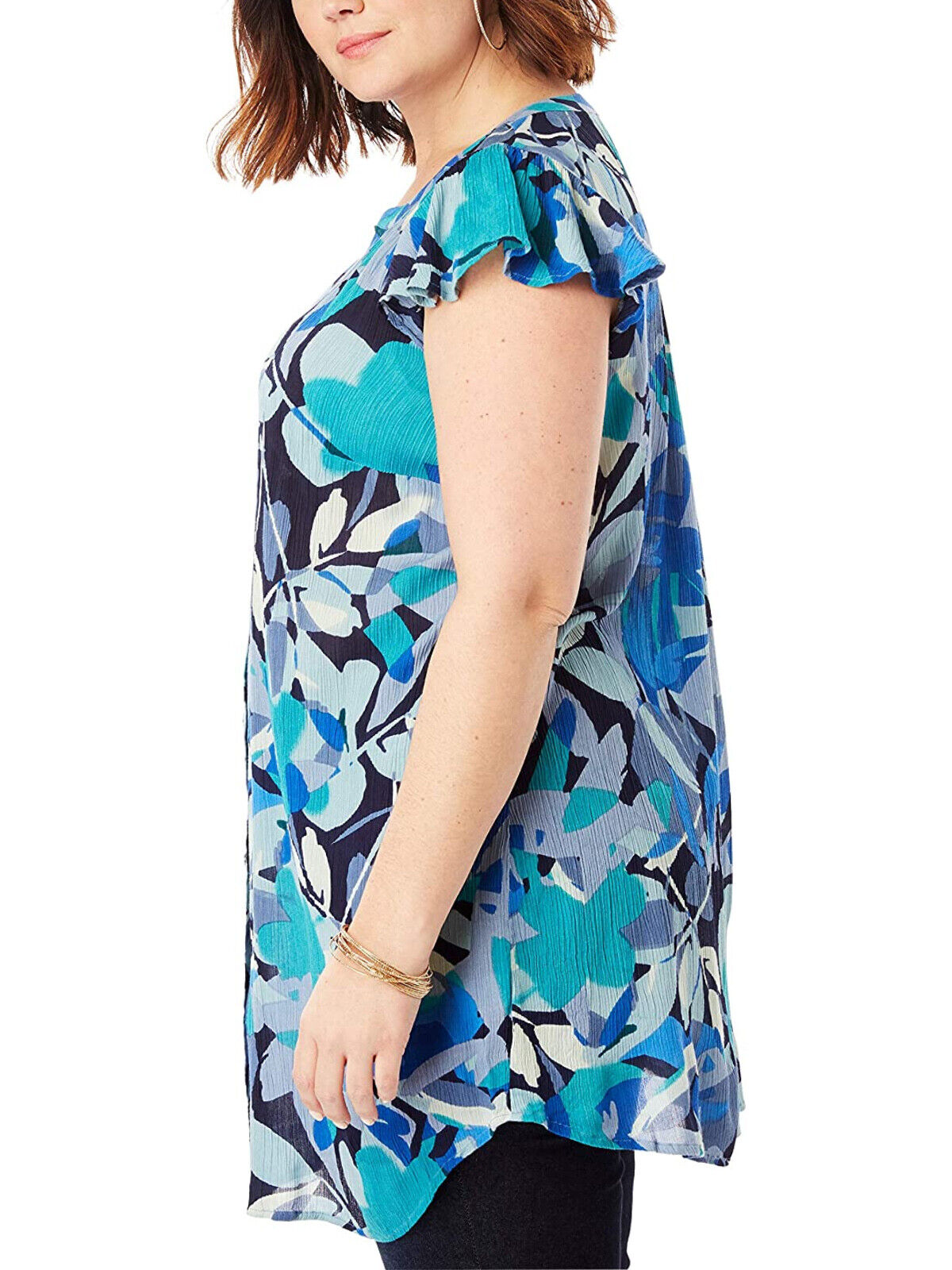 Roamans Blue Floral Print Flutter-Sleeve Angelina Tunic UK Sizes 14-36