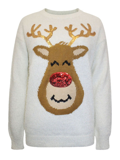 Ladies Cream Sequin Reindeer Fluffy Knit Christmas Jumper 10, 12, 14, 16, 18